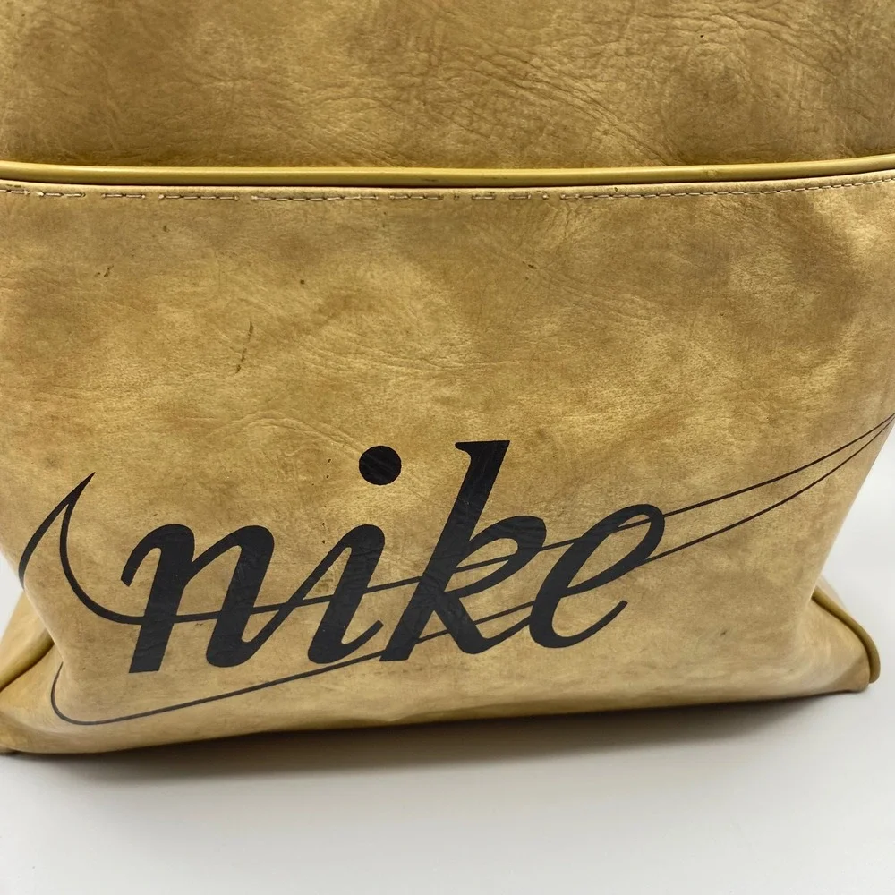 Vintage Nike Large Duffel Bag Tan Faux Leather Retro Sport Travel PDX Collect Y2